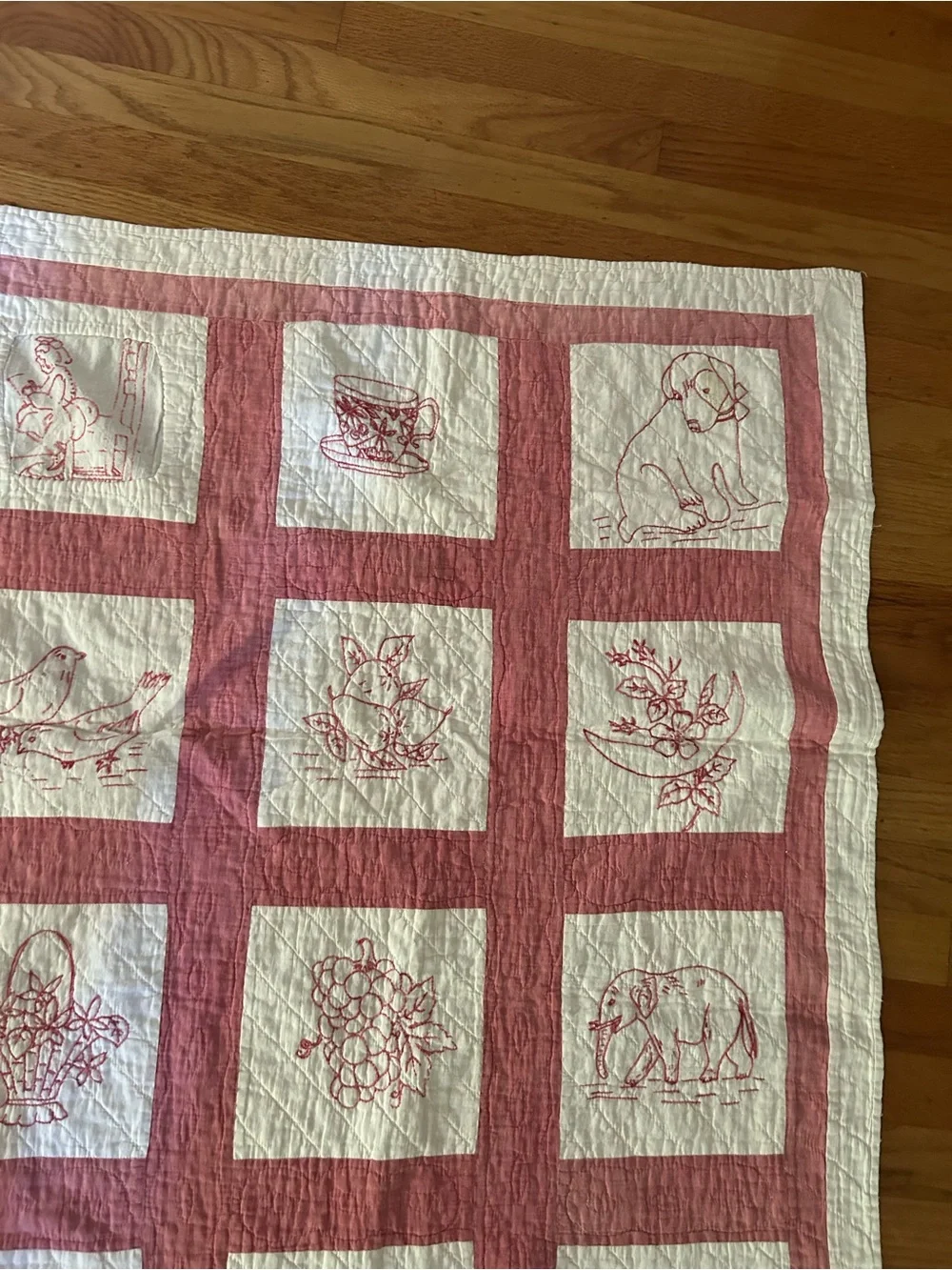 Vintage/ Antique Hand-Quilted Redwork Patchwork Quilt - Red and Cream